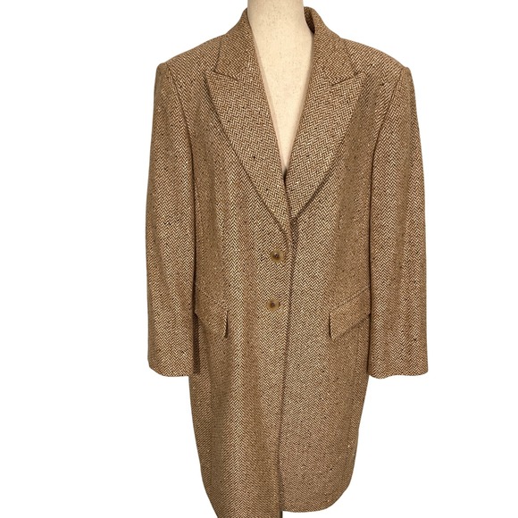 Talbots Long Coat Woman 12W Brown Flecked Herringbone Italian Wool Blazer - Picture 1 of 11